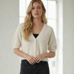 Revolve Toby Heart Ginger Crop Knit Top Jrs M Ivory Buttons Short Sleeve Boho
